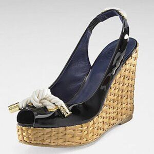 Tory Burch patent leather wicker espadrille wedges SIZE 7 WORN ONCE